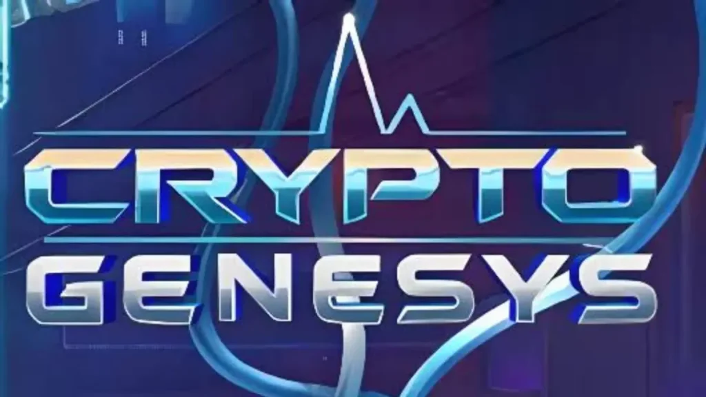 Tampilan futuristik slot Crypto Genesys dengan simbol kripto neon